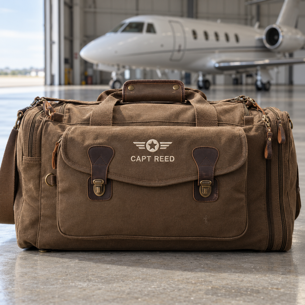Brown canvas pilot duffle bag with leather trim embroidered with pilot wings and CAPT REED in ivory thread, on a private hangar floor, a personalized pilot gift