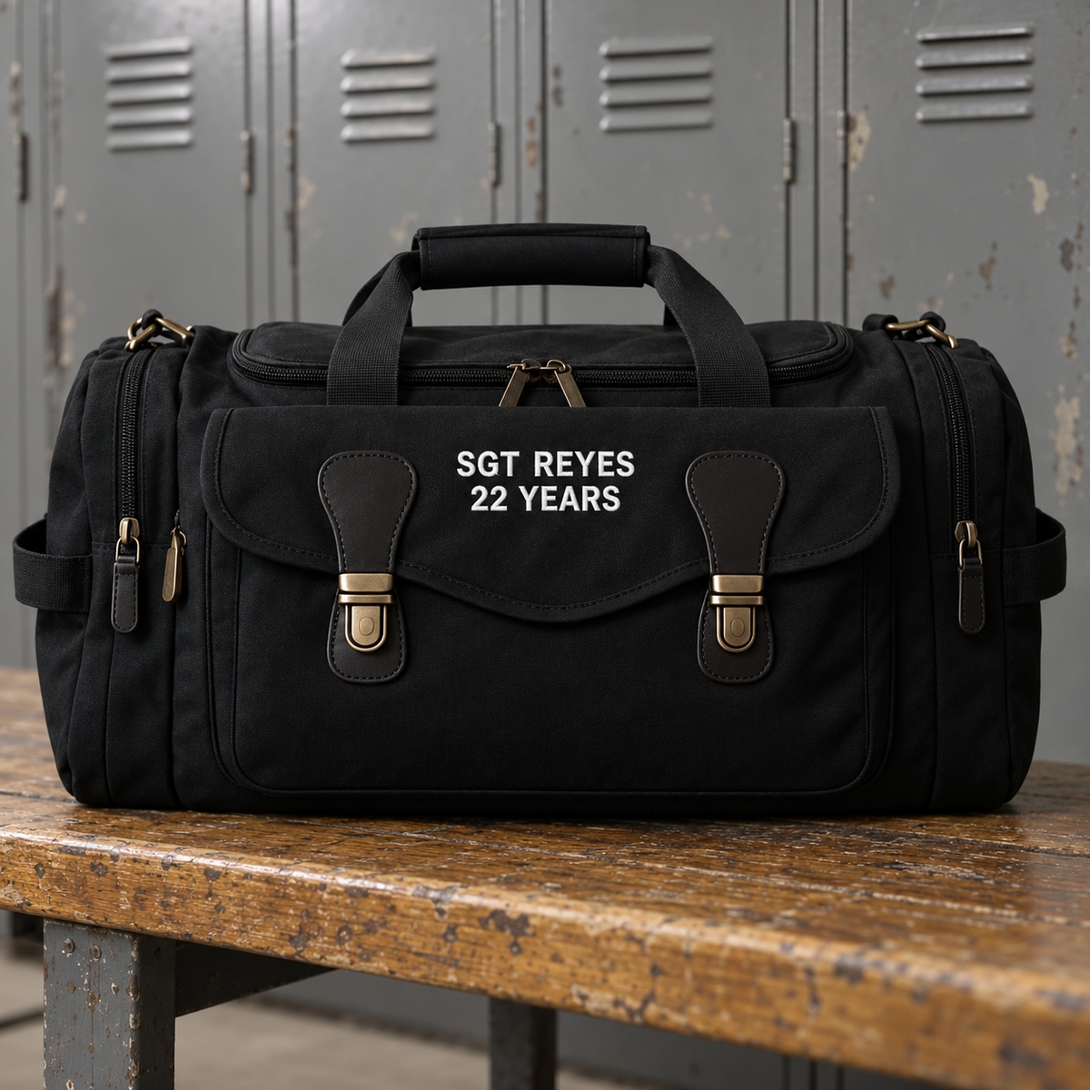 Black canvas police duffle bag with leather trim embroidered SGT REYES and 22 YEARS in white thread, on a bench in a police station locker room