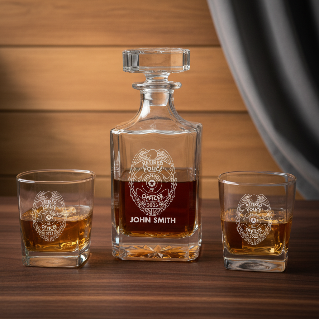 Personalized decanter set with engraved police badge and sample name "John Smith" with year 2025, displayed with two matching glasses filled with whiskey on wooden surface