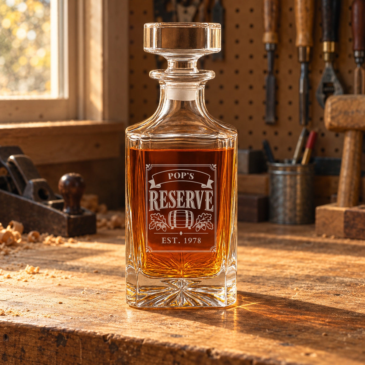 Personalized whiskey decanter engraved Pop's Reserve, Est. 1978, on a sunlit garage workbench, a custom gift for dad who loves his workshop