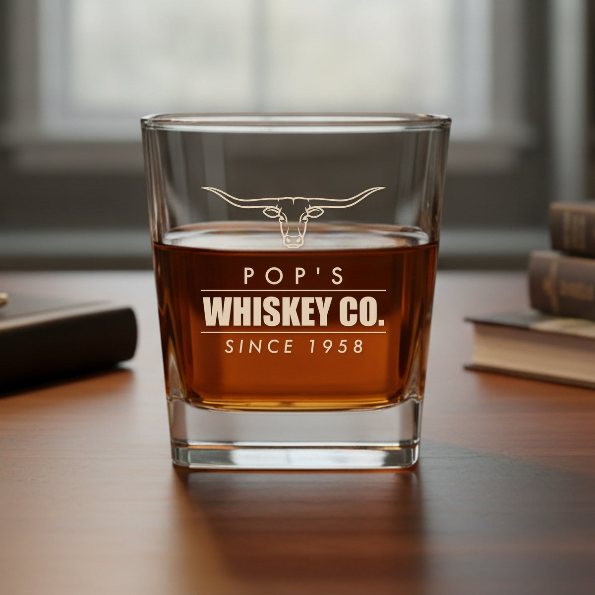 Engraved whiskey glass reading Pop's Whiskey Co., Since 1958 under a longhorn, set on a study desk by a window with books nearby