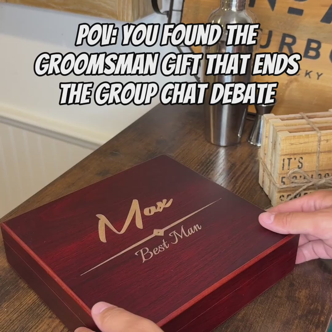 TerManator groomsmen box set unboxing video showing the engraved cherry wood box, personalized flask, torch lighter, multi-tool and bottle opener
