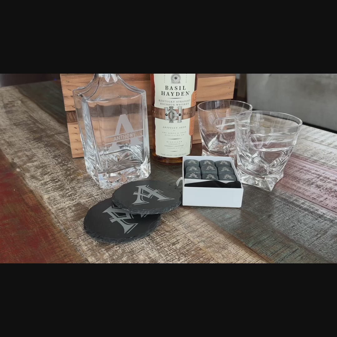 Custom Whiskey Gift Set Crate with Personalized Decanter and Whiskey Glasses