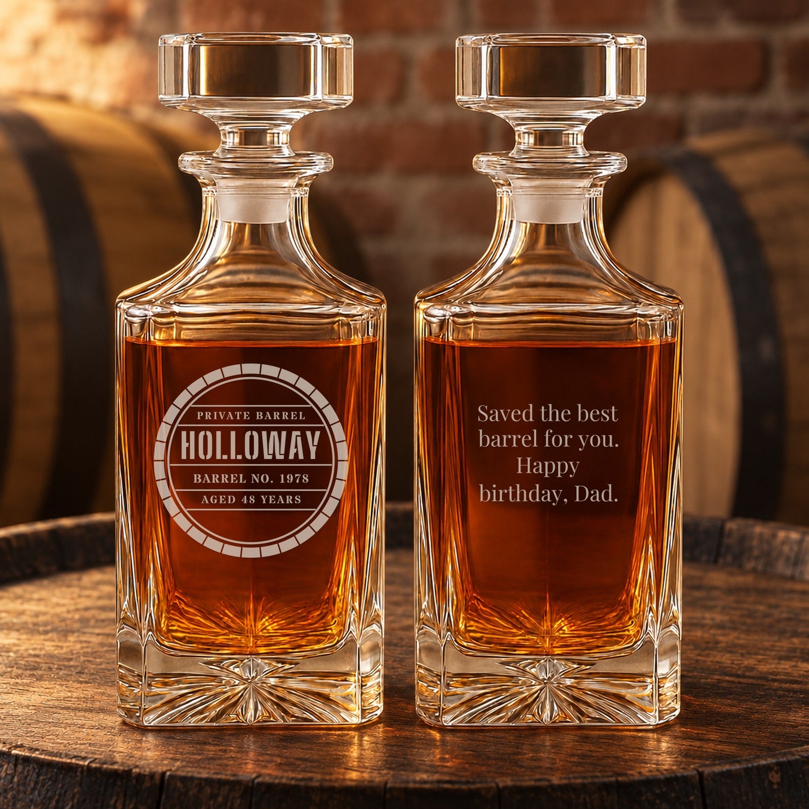 Private Barrel personalized whiskey decanter front and back: a stenciled barrel head reading Holloway, Barrel No. 1978, and a birthday note on the back