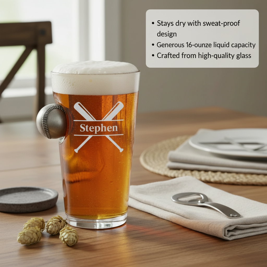 Personalized pint glass engraved with sample name "Stephen" and crossed-bats baseball design, filled with amber beer and topped with foam head
