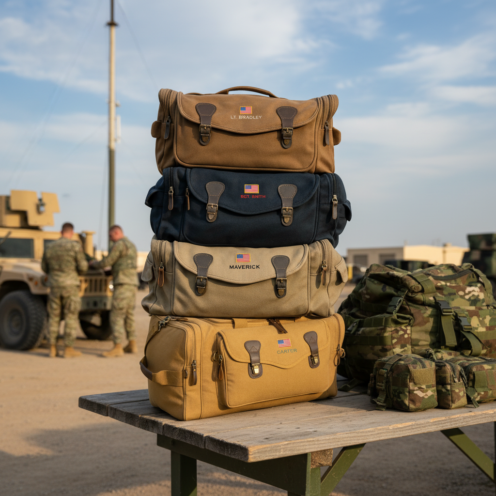 Four personalized duffle bags stacked vertically, each embroidered with different sample names and a U.S. flag, displayed on wooden table at military base setting.