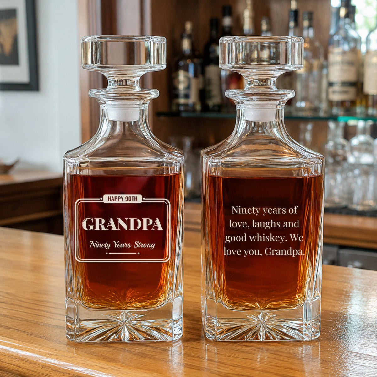 Personalized 90th birthday decanter engraved Happy 90th and Grandpa on the front, with a family message to Grandpa engraved on the back