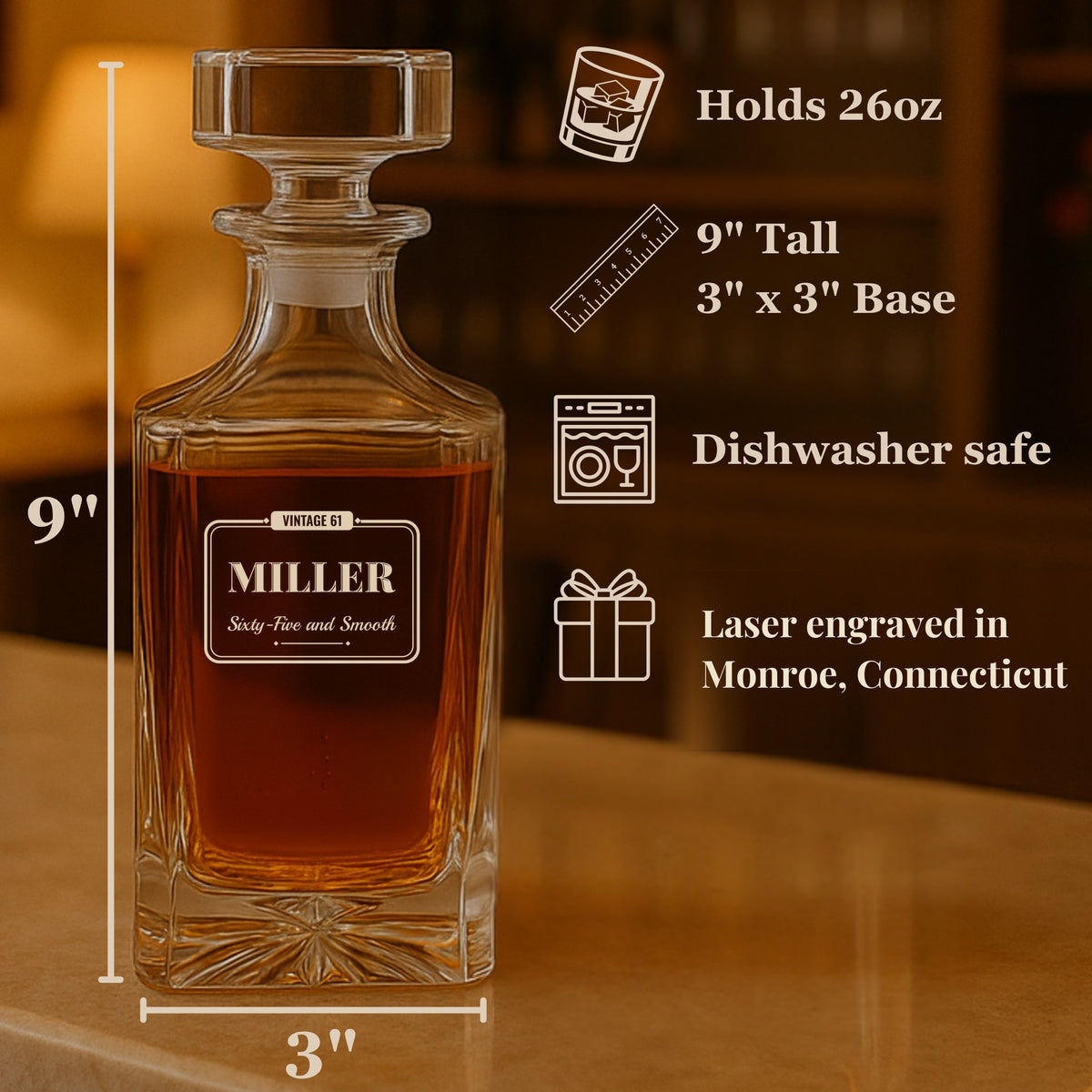 Details card for the personalized birthday whiskey decanter: holds 26 oz, 9 inches tall with a 3 by 3 inch base, dishwasher safe, engraved for Miller