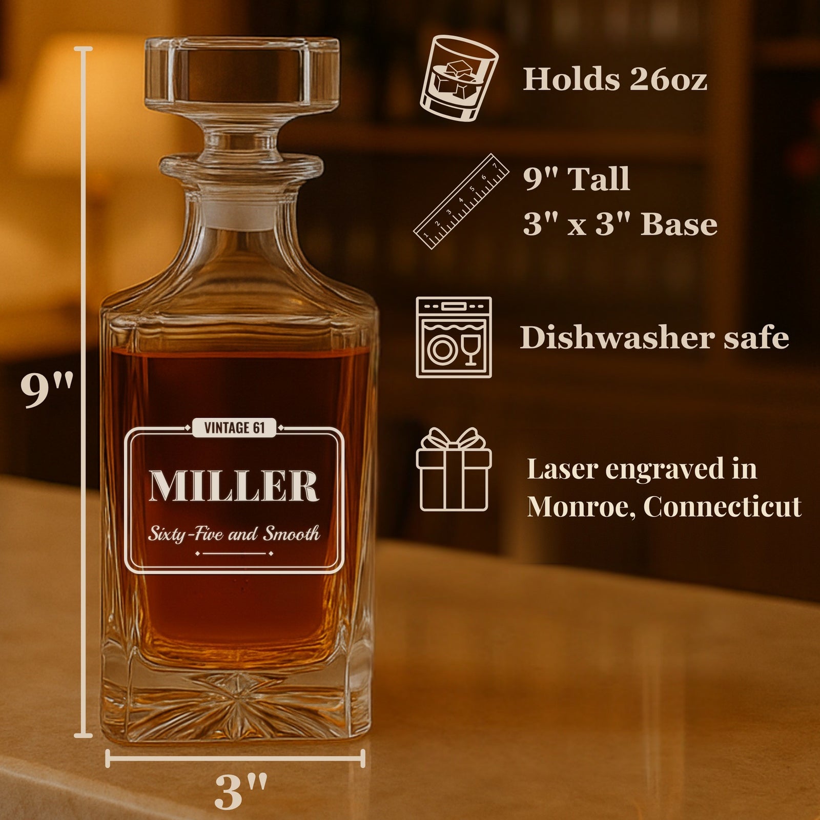 Details card for the personalized birthday whiskey decanter: holds 26 oz, 9 inches tall with a 3 by 3 inch base, dishwasher safe, engraved for Miller