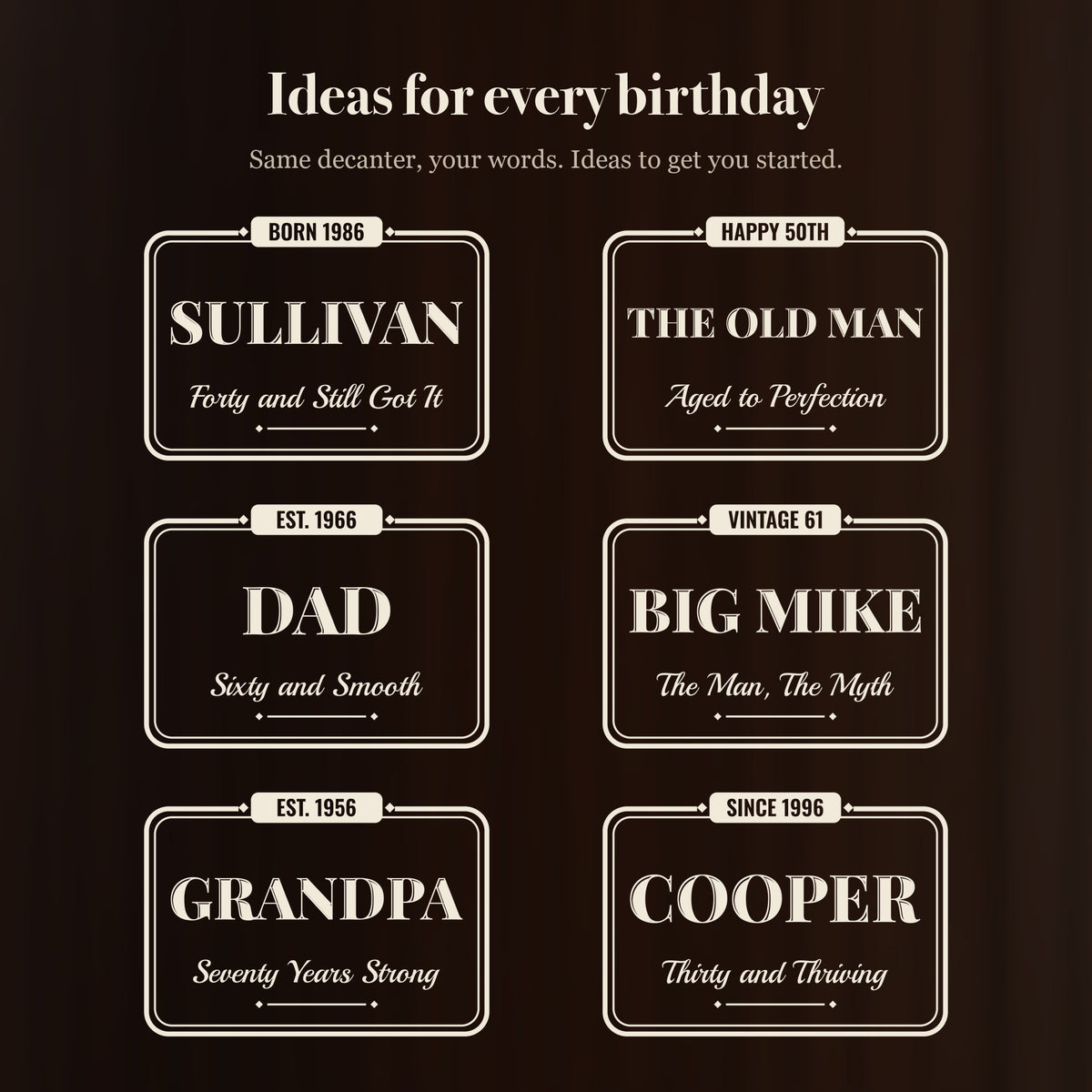 Six pub sign birthday decanter designs with different names and lines, from Forty and Still Got It to Sixty and Smooth and Seventy Years Strong