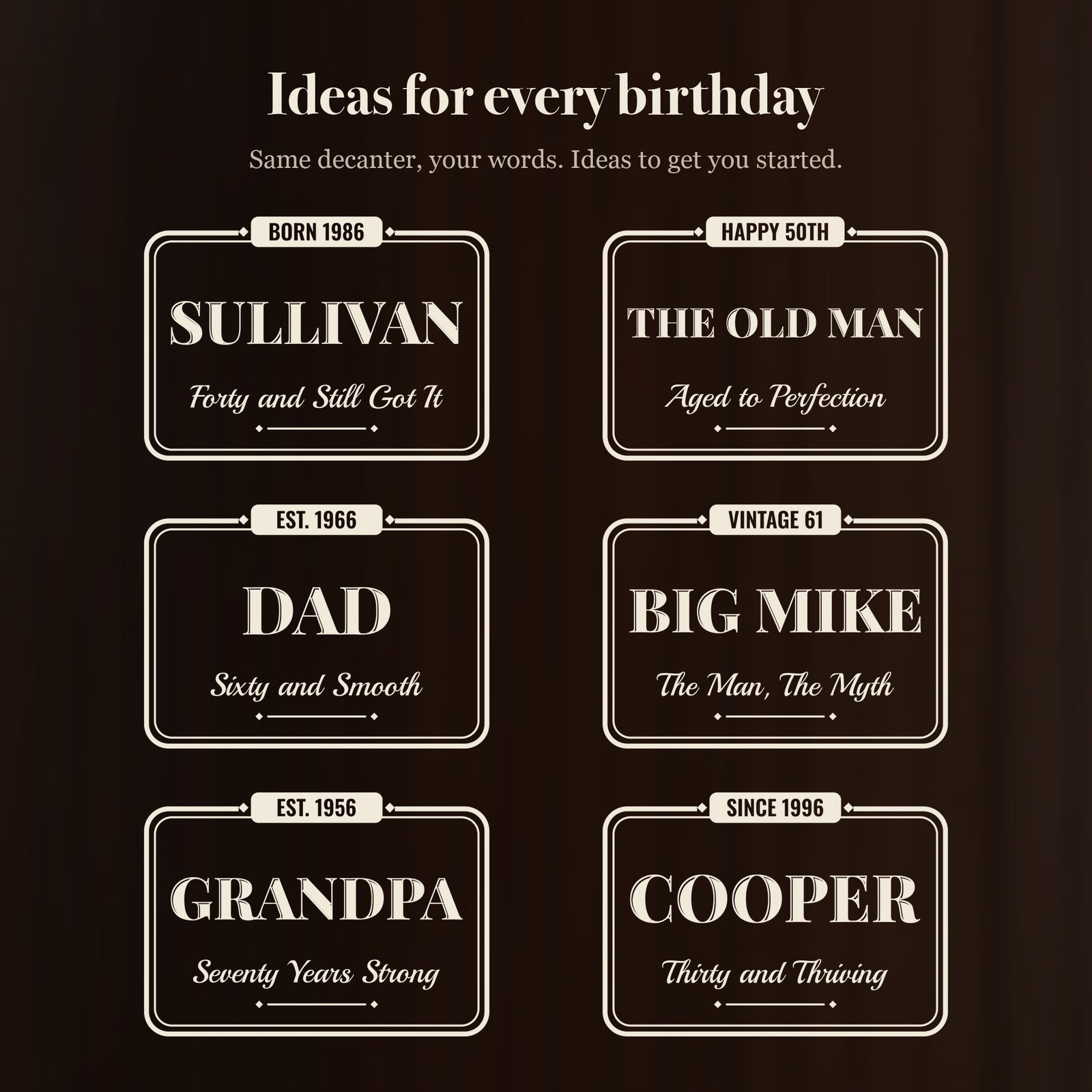 Six pub sign birthday decanter designs with different names and lines, from Forty and Still Got It to Sixty and Smooth and Seventy Years Strong