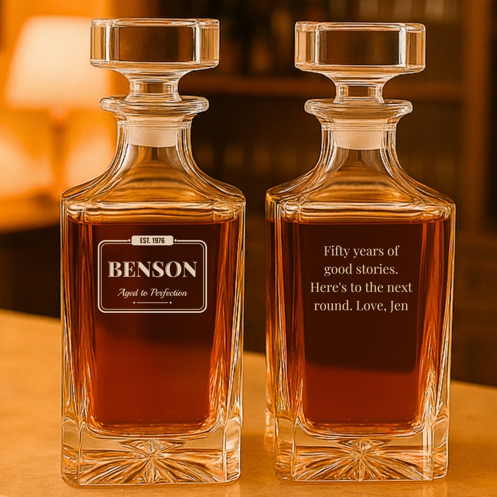 Personalized birthday whiskey decanter engraved EST. 1976, Benson and Aged to Perfection on the front, with a custom birthday message on the back