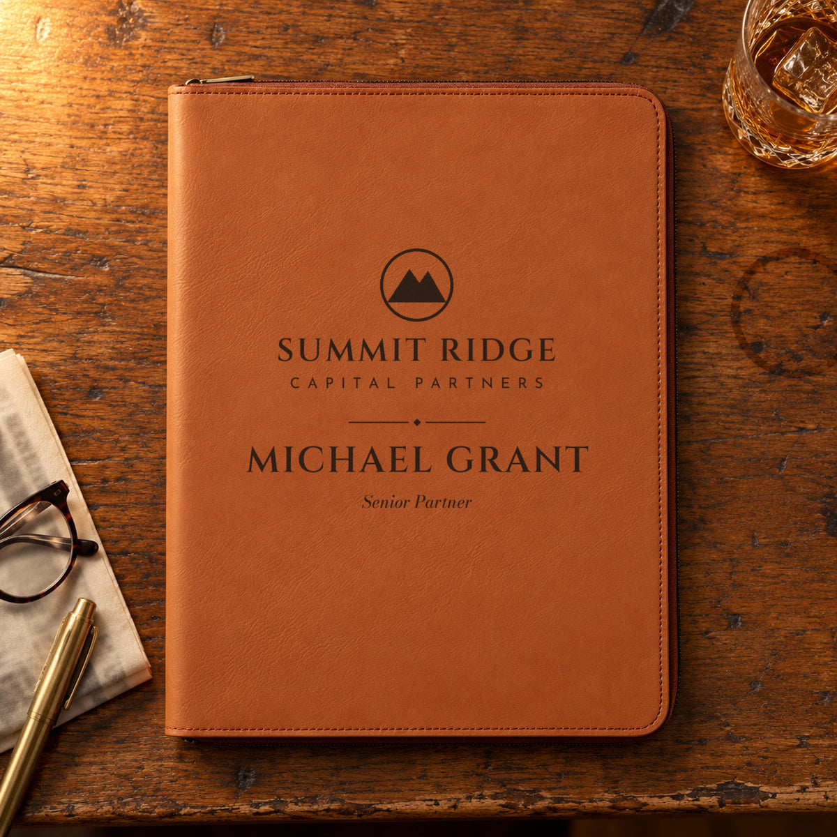 Rawhide custom logo padfolio engraved with a sample Summit Ridge Capital Partners logo, Michael Grant and Senior Partner beside a whiskey glass