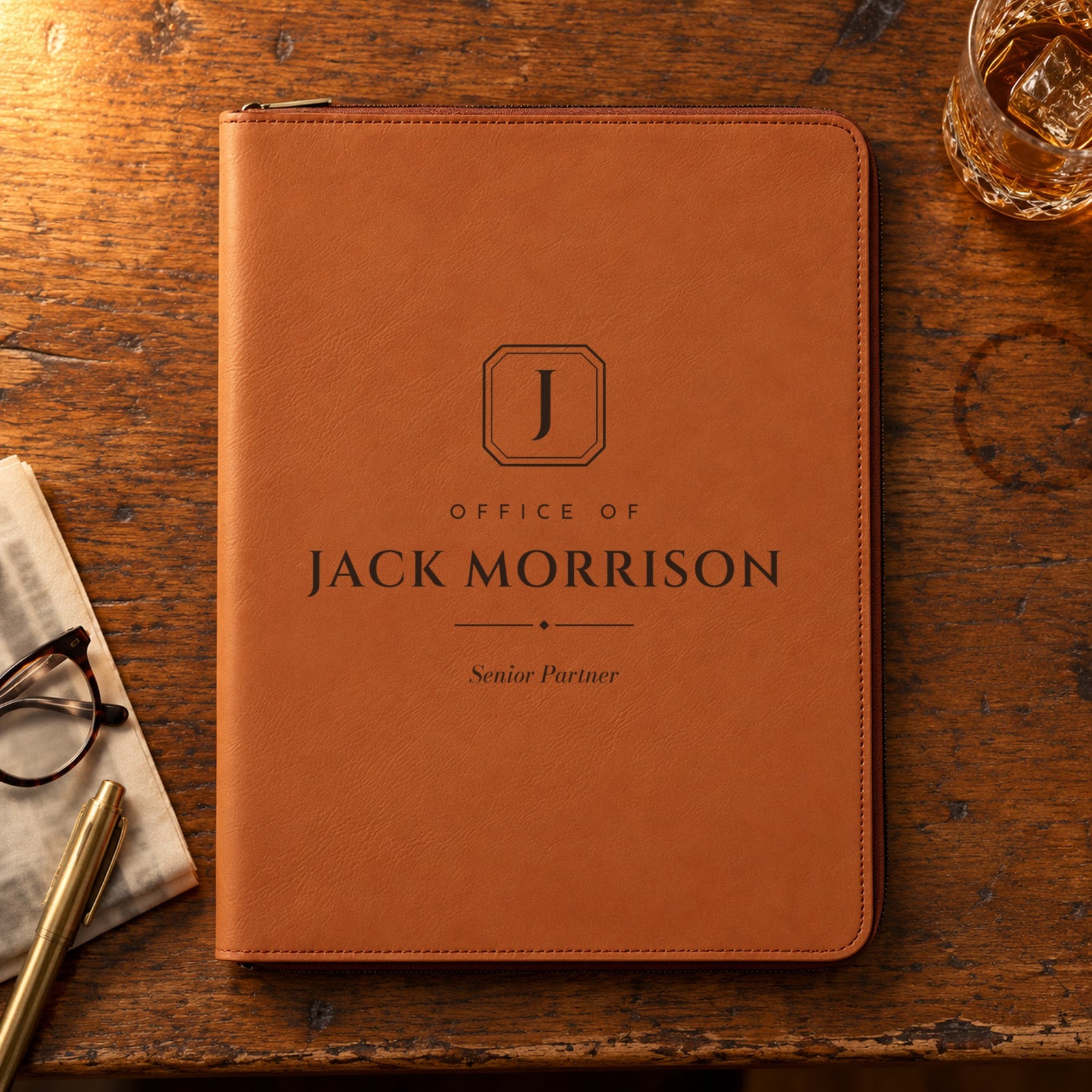 Rawhide engraved padfolio reading Office of Jack Morrison, Senior Partner, on an oak table beside a whiskey glass and reading glasses