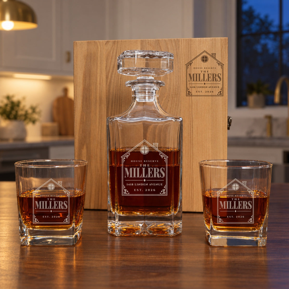 House Reserve realtor closing gift decanter set: decanter, two rocks glasses and pine chest engraved The Millers, 1418 Linden Avenue, Est. 2026