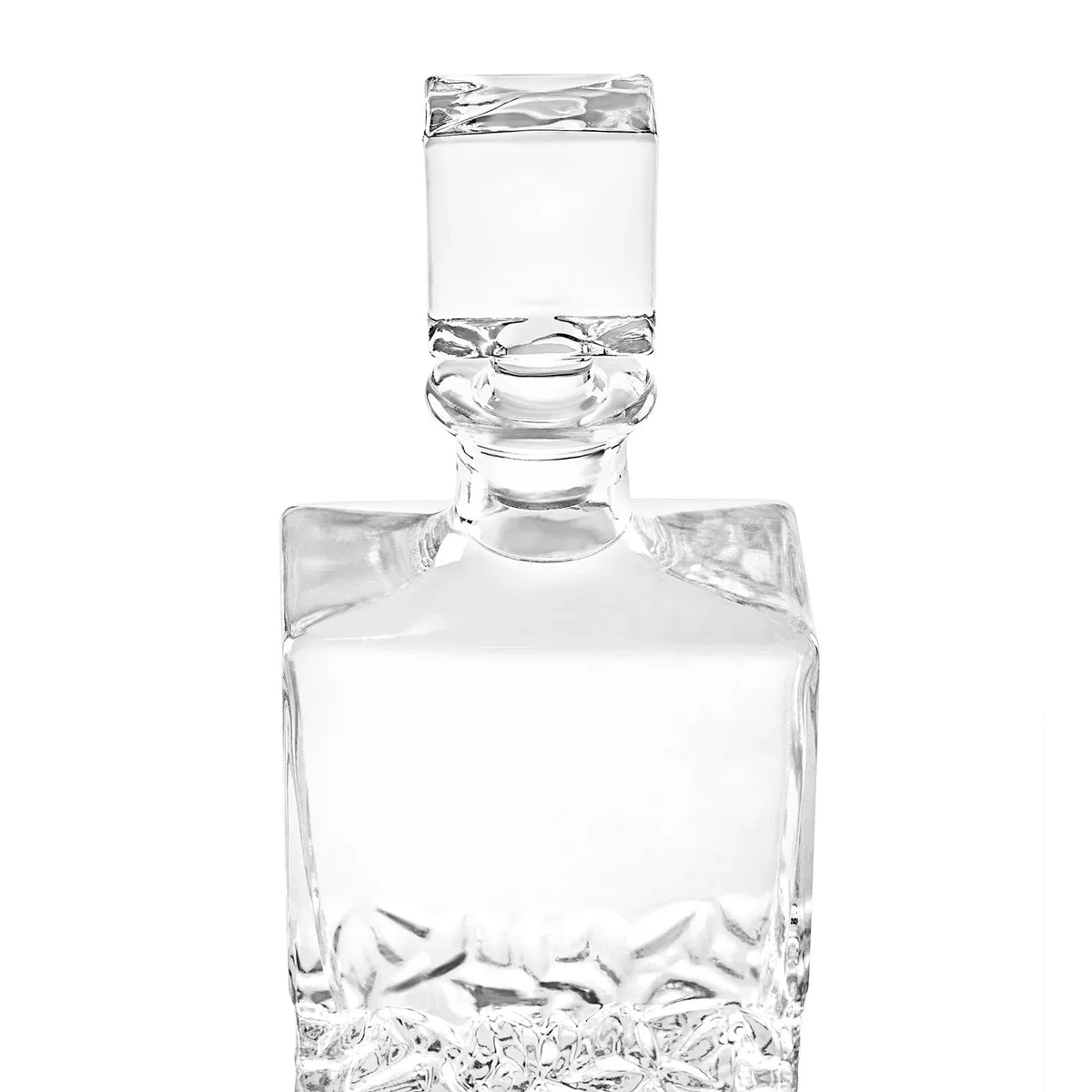 Clear glass decanter with stopper and blank personalization area on front panel