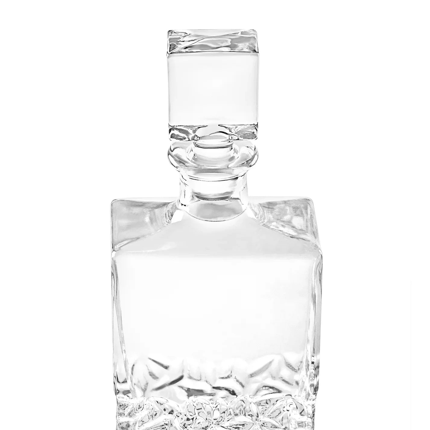 Clear glass decanter with stopper and blank personalization area on front panel