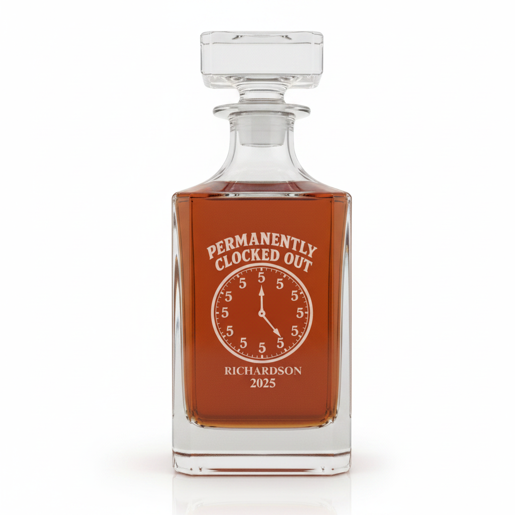 Personalized retirement whiskey decanter laser engraved Permanently Clocked Out with a custom name and year, square crystal decanter, a thoughtful personalized retirement gift.