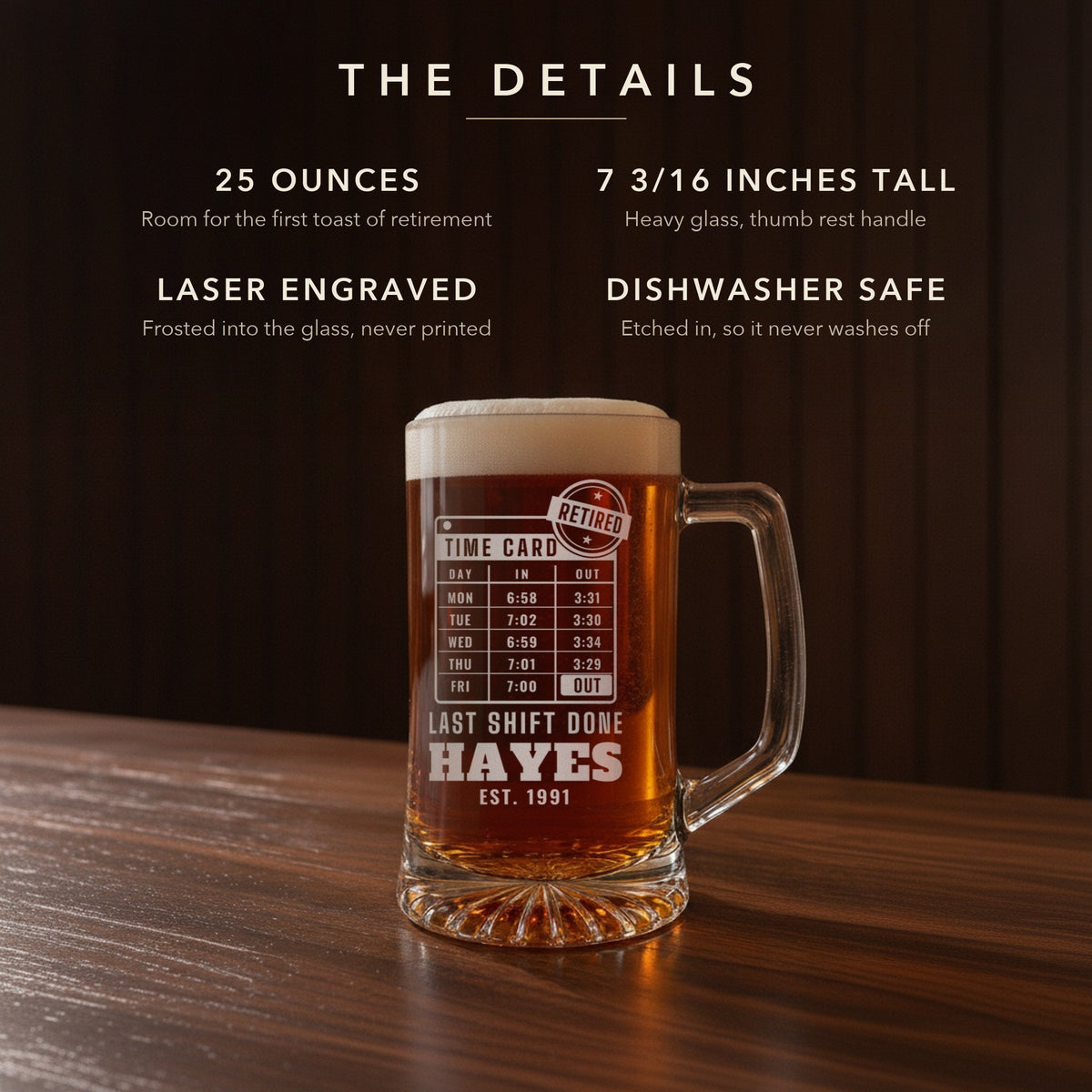 Details card for the personalized retirement beer mug: 25 ounces, 7 3/16 inches tall, laser engraved and dishwasher safe, shown with LAST SHIFT DONE and HAYES