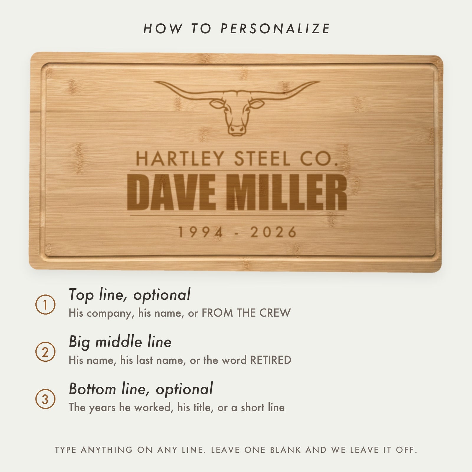 How to personalize the retirement cutting board: an optional top line, a big middle line and an optional bottom line, each holding any words you choose