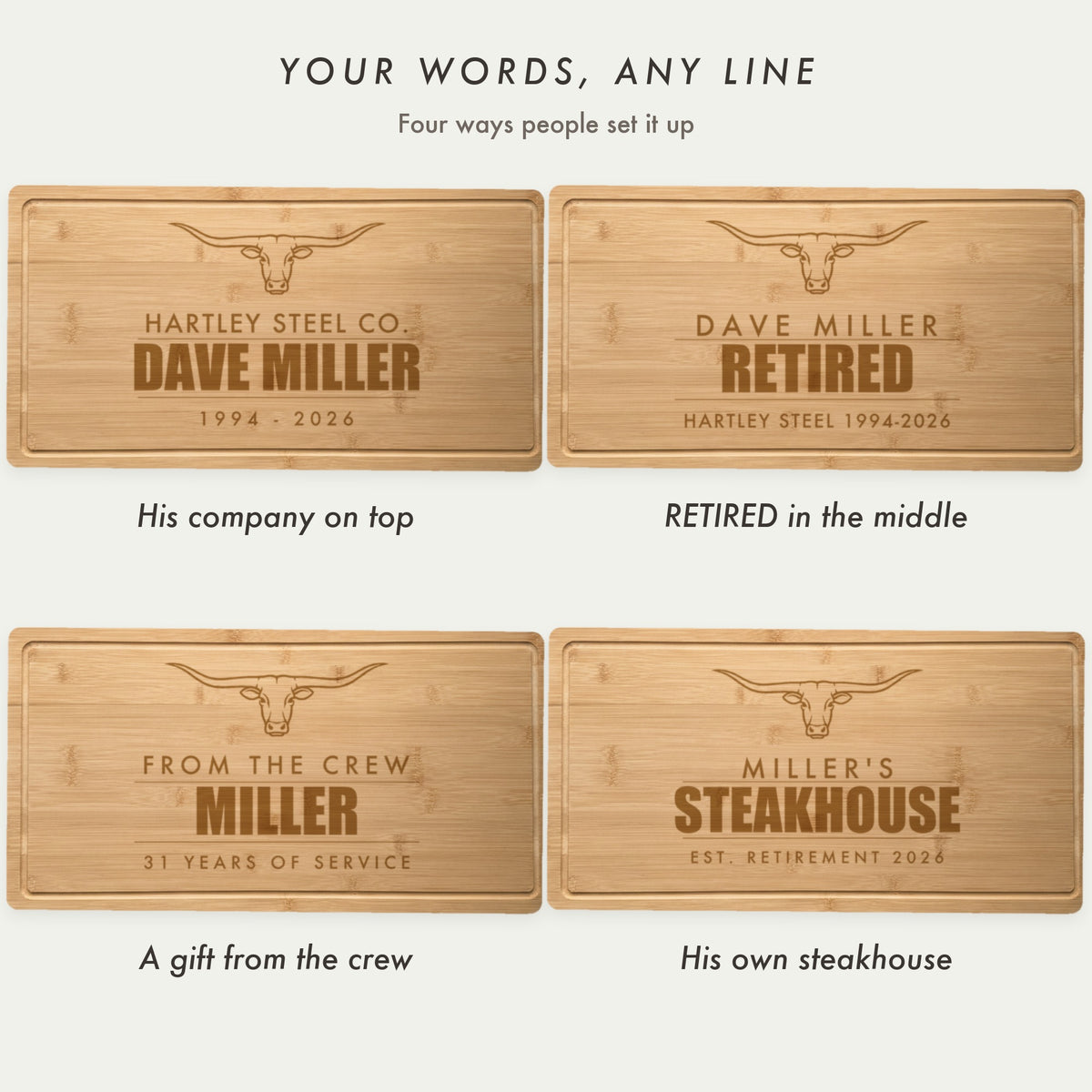 Four personalized retirement cutting board layouts: company on top, Retired in the middle, a gift from the crew, and Miller’s Steakhouse Est. Retirement 2026