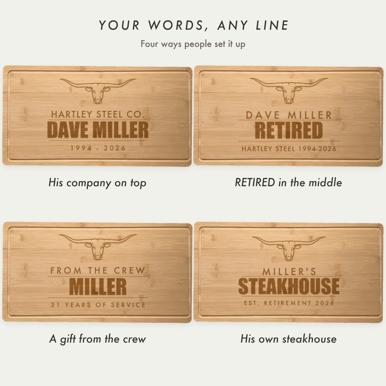 Four personalized retirement cutting board layouts: company on top, Retired in the middle, a gift from the crew, and Miller’s Steakhouse Est. Retirement 2026