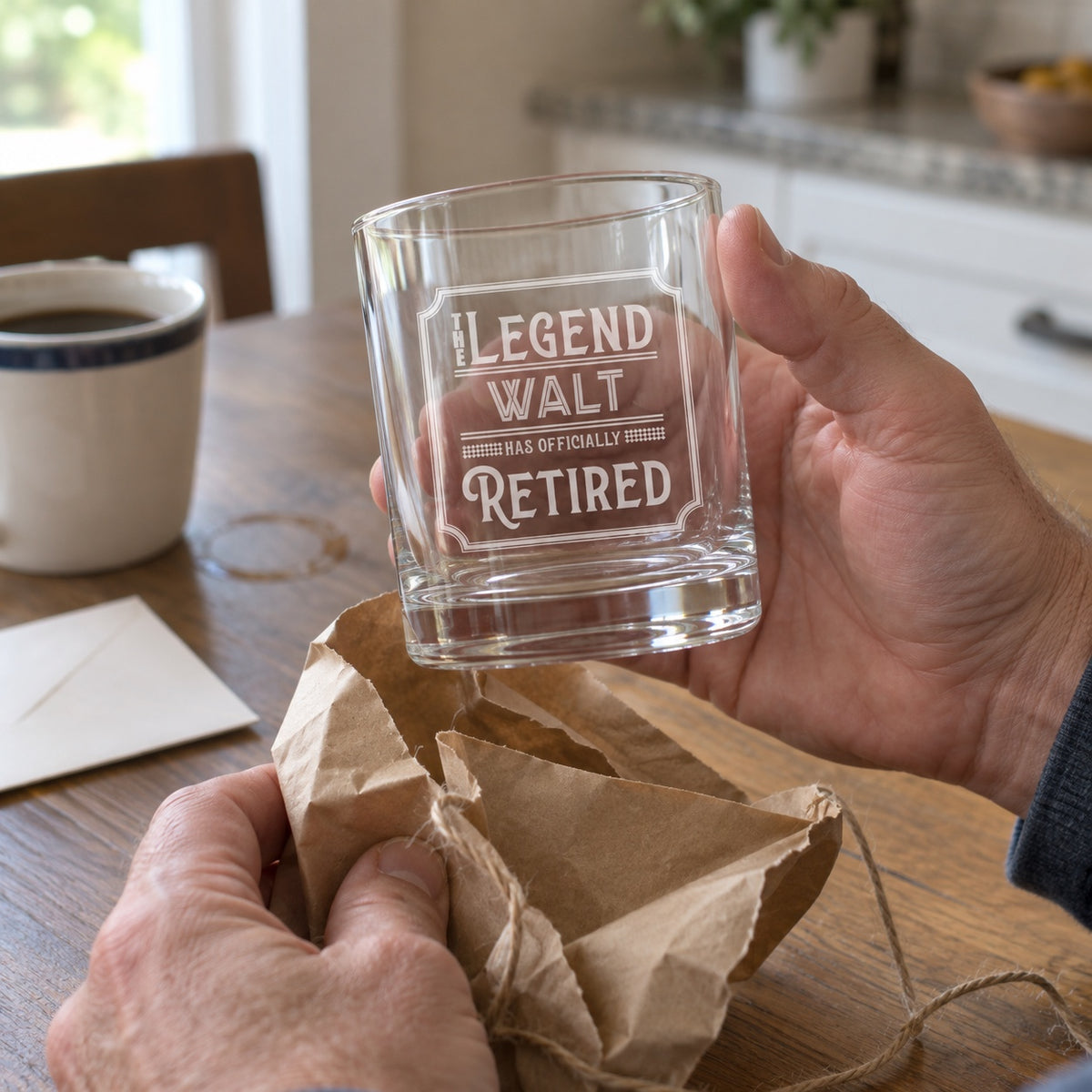 A man unwraps his retirement glass engraved THE LEGEND WALT HAS OFFICIALLY RETIRED from brown kraft paper and twine at the kitchen table.