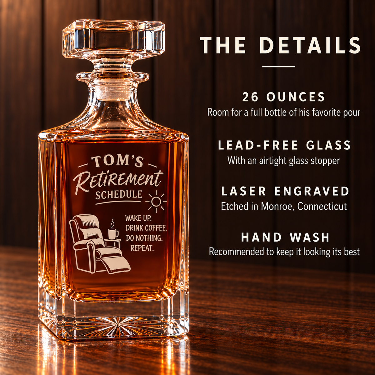 Retirement schedule decanter engraved for TOM'S with details on its 26 oz lead-free glass, airtight stopper, laser engraving and hand wash care