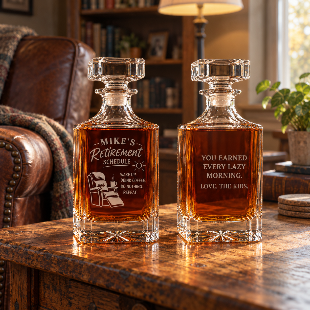 Front and back of a personalized retirement decanter, MIKE'S Retirement Schedule on the front and a message from the kids on the back, on a den table