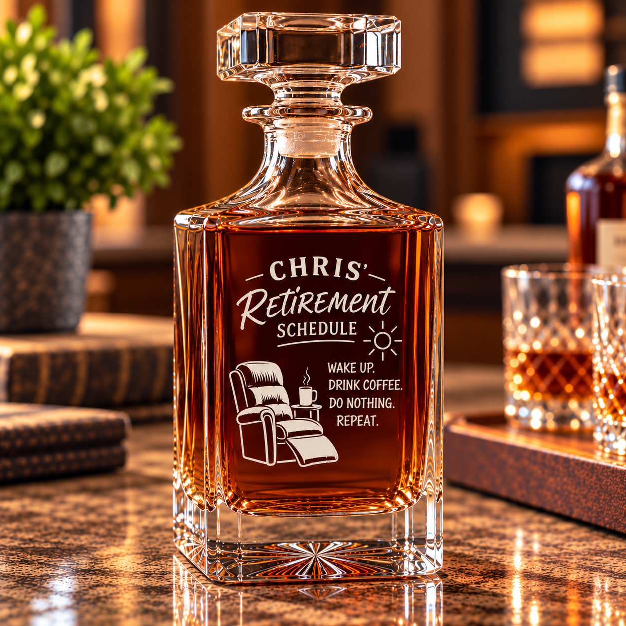 Personalized retirement decanter engraved CHRIS' Retirement Schedule with a recliner, coffee cup and sun, filled with whiskey on a home bar
