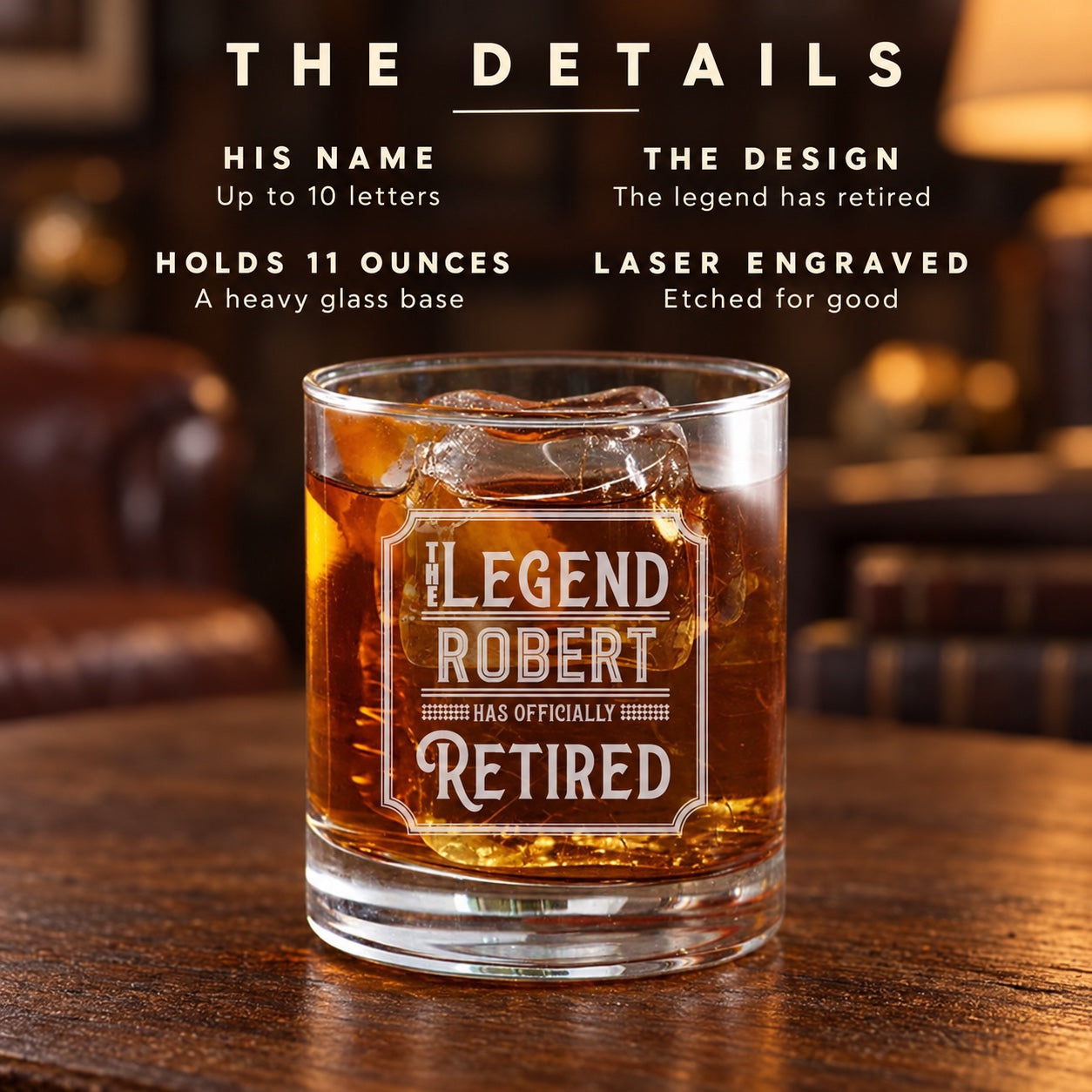 Details of the retirement whiskey glass: his name up to 10 letters in THE LEGEND HAS OFFICIALLY RETIRED design, an 11 ounce heavy base, laser engraved.