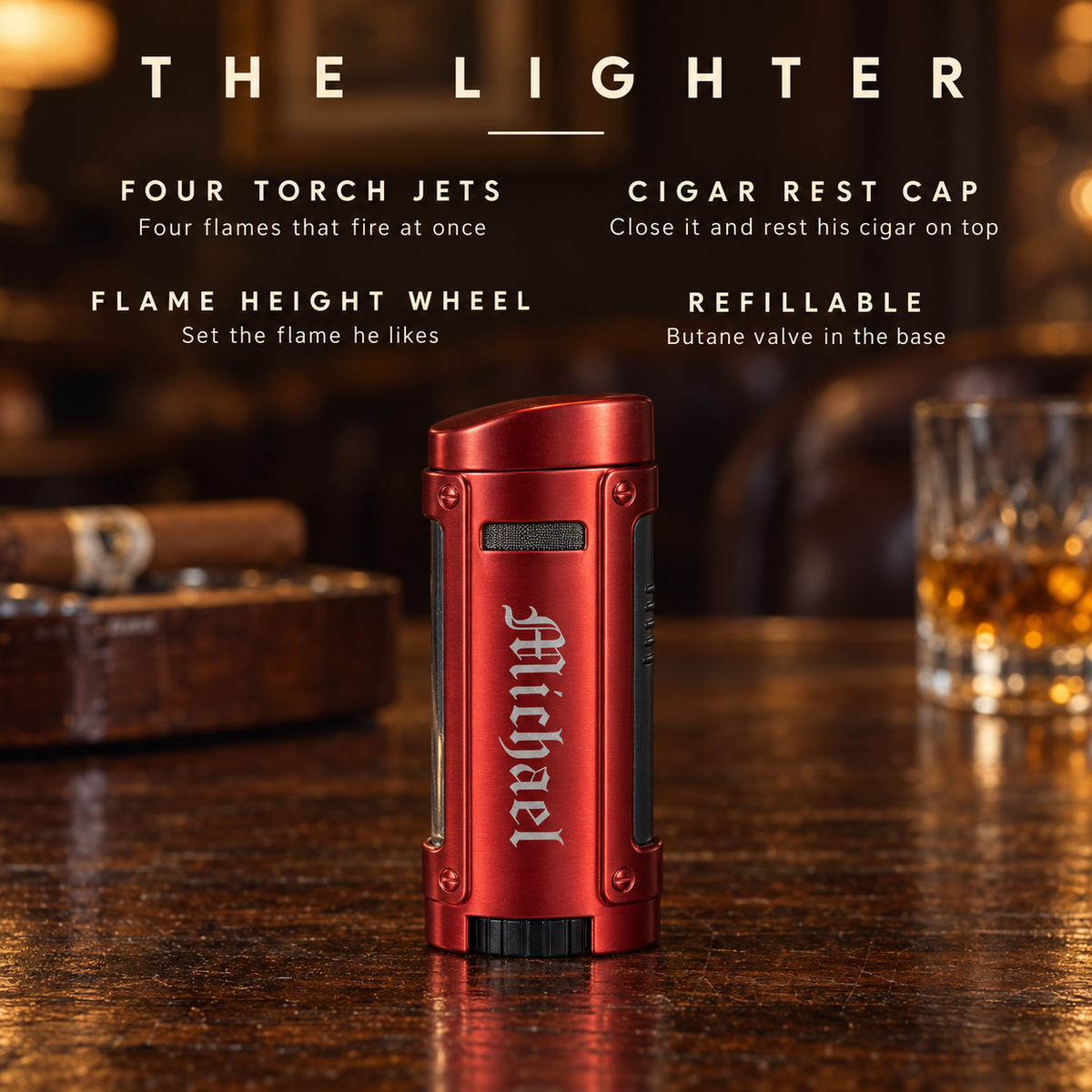 Details of the Rhino cigar lighter: four torch jets, a cigar rest cap, a flame height wheel and a refillable butane valve