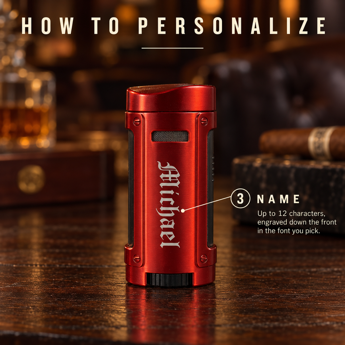How to personalize the Rhino cigar lighter: pick the color and font, then add his name, up to 12 characters, engraved down the front
