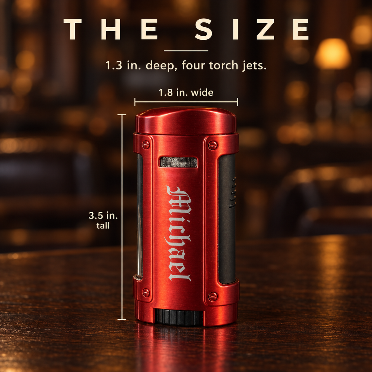 Size of the Rhino quad torch cigar lighter: 3.5 inches tall and 1.8 inches wide, a personalized cigar lighter shown in red