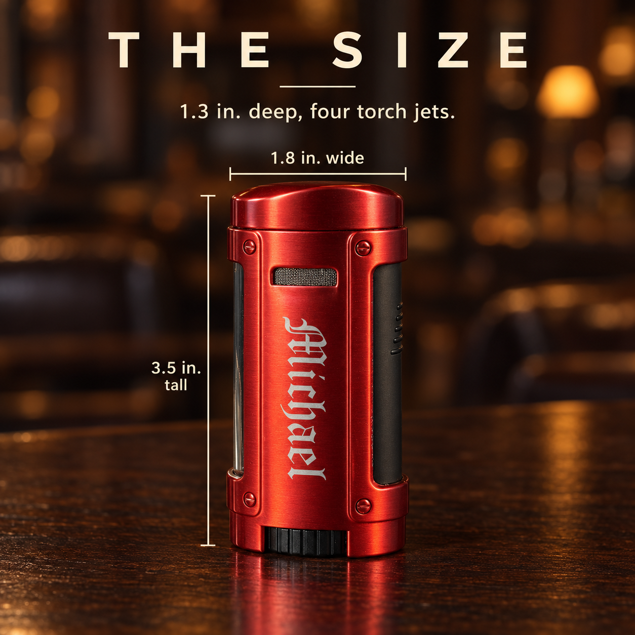 Size of the Rhino quad torch cigar lighter: 3.5 inches tall and 1.8 inches wide, a personalized cigar lighter shown in red