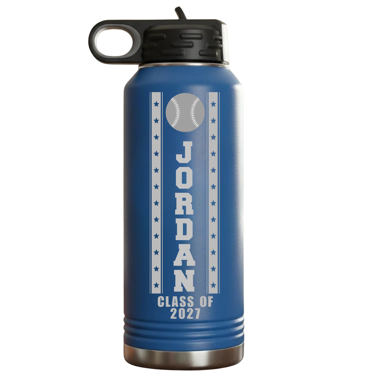Royal blue personalized senior night baseball water bottle, laser engraved with sample name JORDAN and CLASS OF 2027, a senior night baseball gift