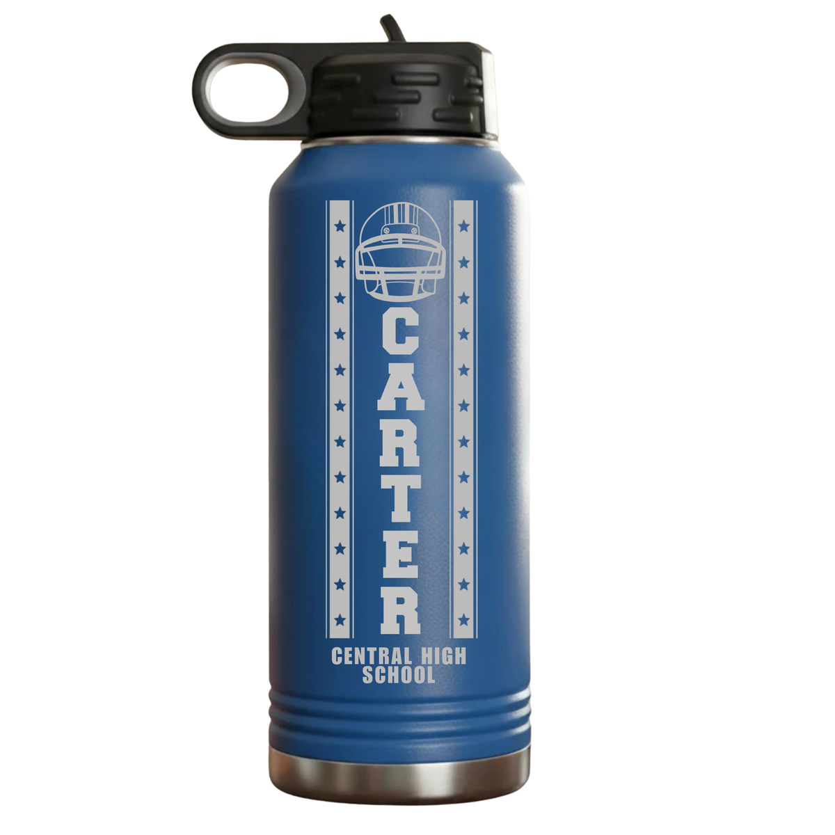 Royal blue senior night football water bottle engraved with a football helmet, the player name Carter, and a personalized bottom line, 32oz insulated stainless steel.