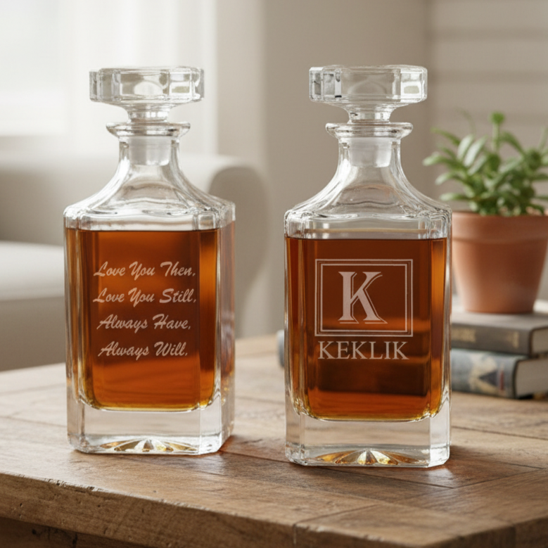 Sentimental Spirits custom decanter with engraved name and custom message, crystal-cut stopper