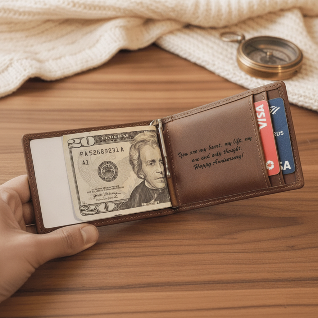 Open leather wallet on a wood table with a cream sweater and brass compass nearby, showing cash and an engraved anniversary message inside