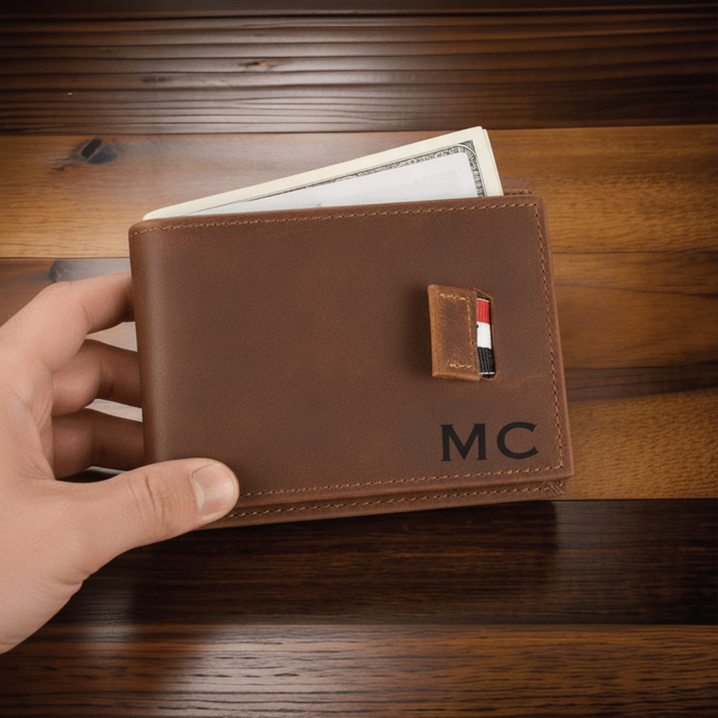 Closed brown leather bifold wallet with MC initials engraved on the front, held in hand against a wood surface