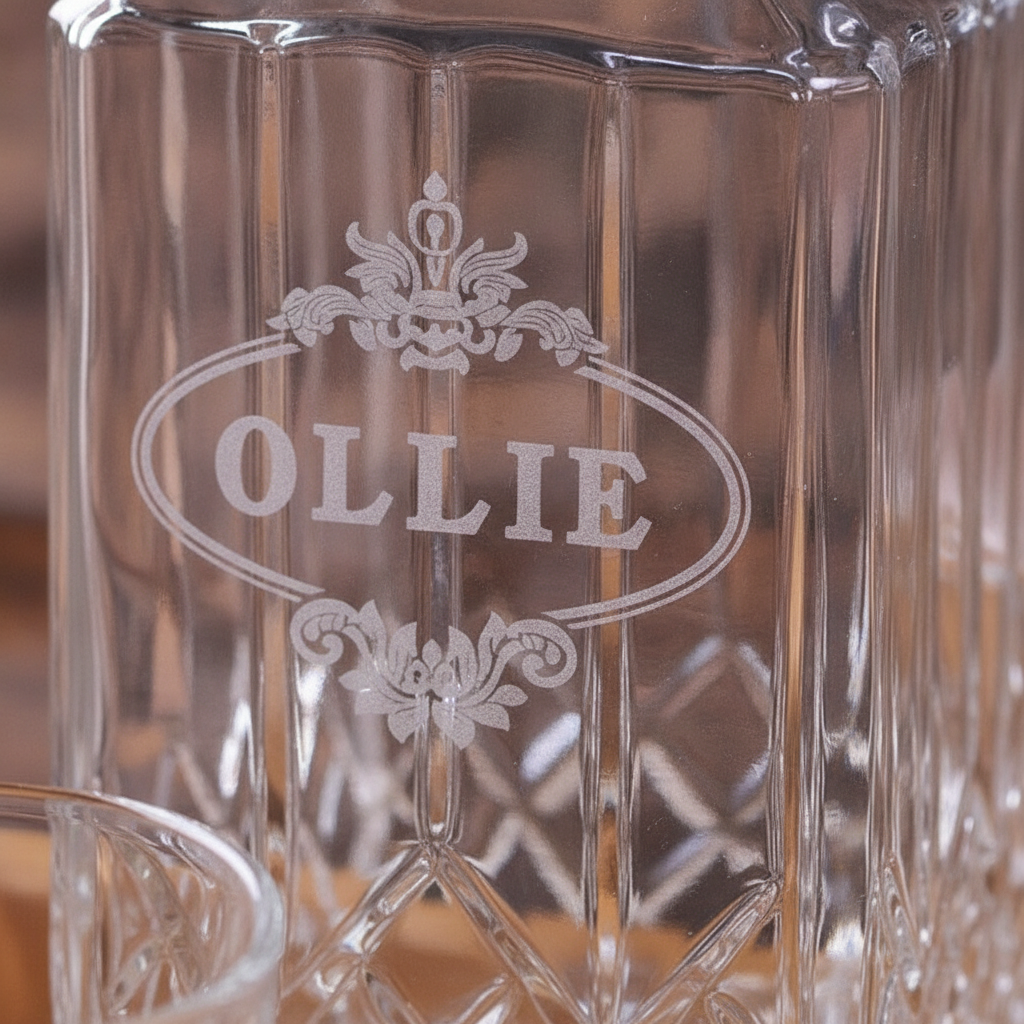 Close-up of the name OLLIE engraved on the glass whiskey decanter, showing the diamond-cut pattern and lettering detail