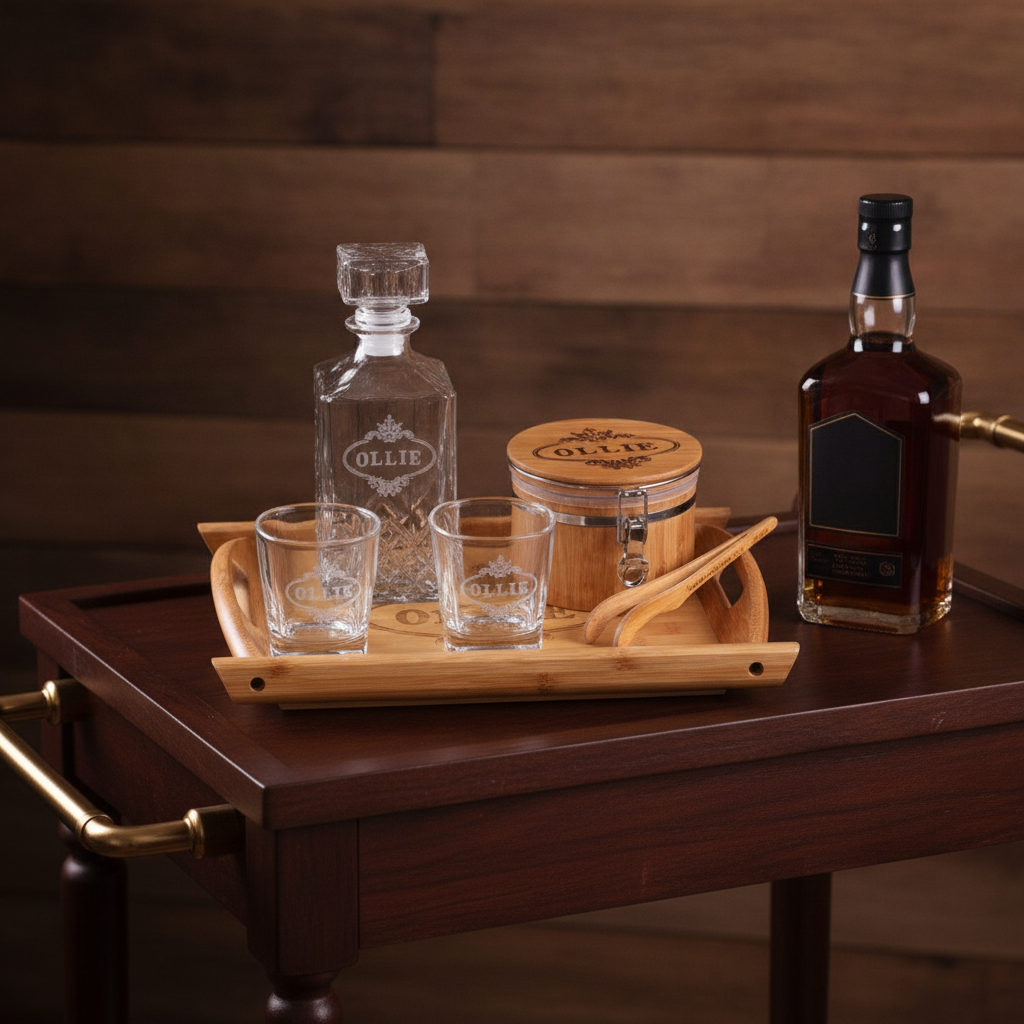 Personalized whiskey decanter bar set on a wooden bar cart next to a bottle of whiskey for scale, all pieces engraved with the name OLLIE