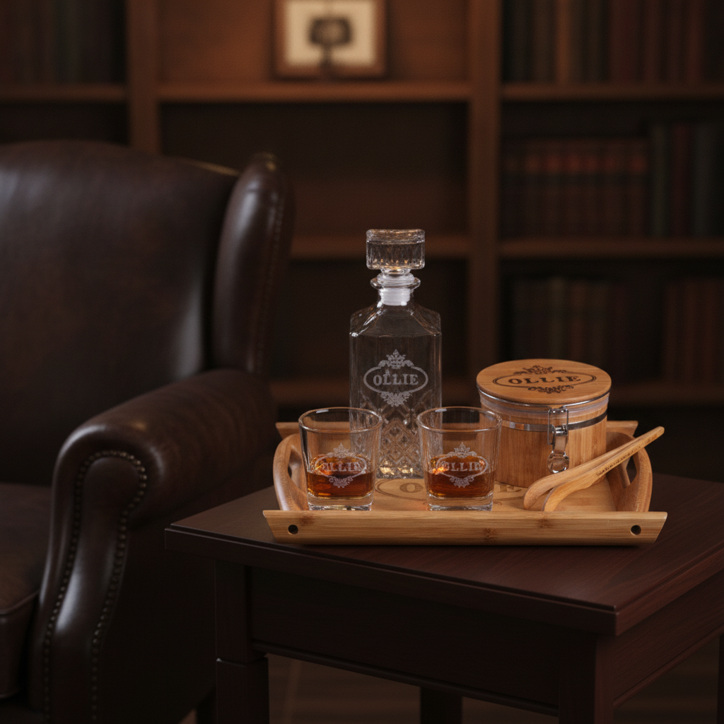 Personalized whiskey decanter bar set with two poured glasses, displayed on a side table next to a leather armchair in a warm study