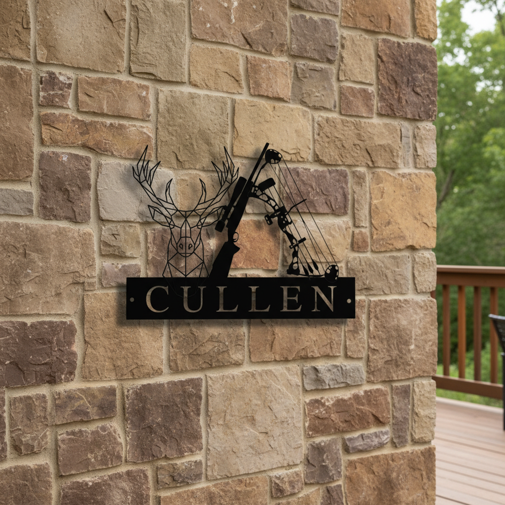 Black metal hunting sign with geometric deer head and compound bow design mounted on brick wall, personalized with sample name "CULLEN" engraved below