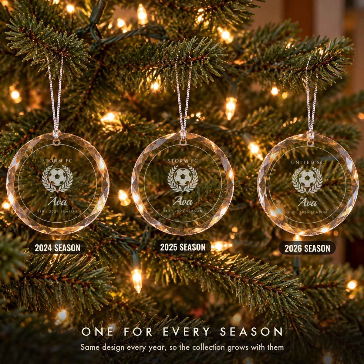 Three personalized soccer Christmas ornaments in a row on a tree, the same design for each season, engraved Ava #10 for 2024, 2025 and 2026