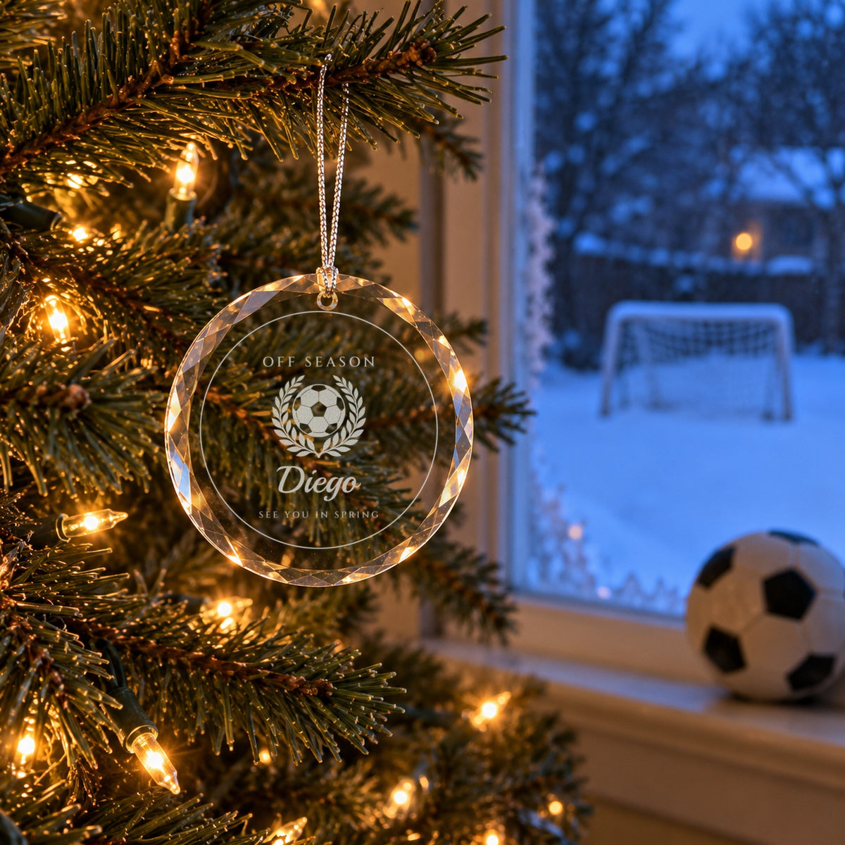 Soccer Christmas ornament engraved OFF SEASON, Diego, SEE YOU IN SPRING hanging by a snowy window with a soccer goal outside and a ball on the sill