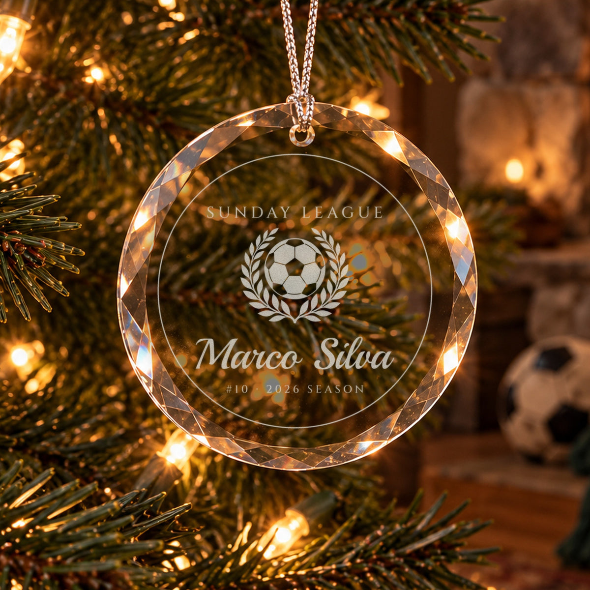 Personalized soccer Christmas ornament in faceted glass on a tree by a stone fireplace, engraved with a ball in a laurel wreath, SUNDAY LEAGUE, Marco Silva, #10 · 2026 SEASON