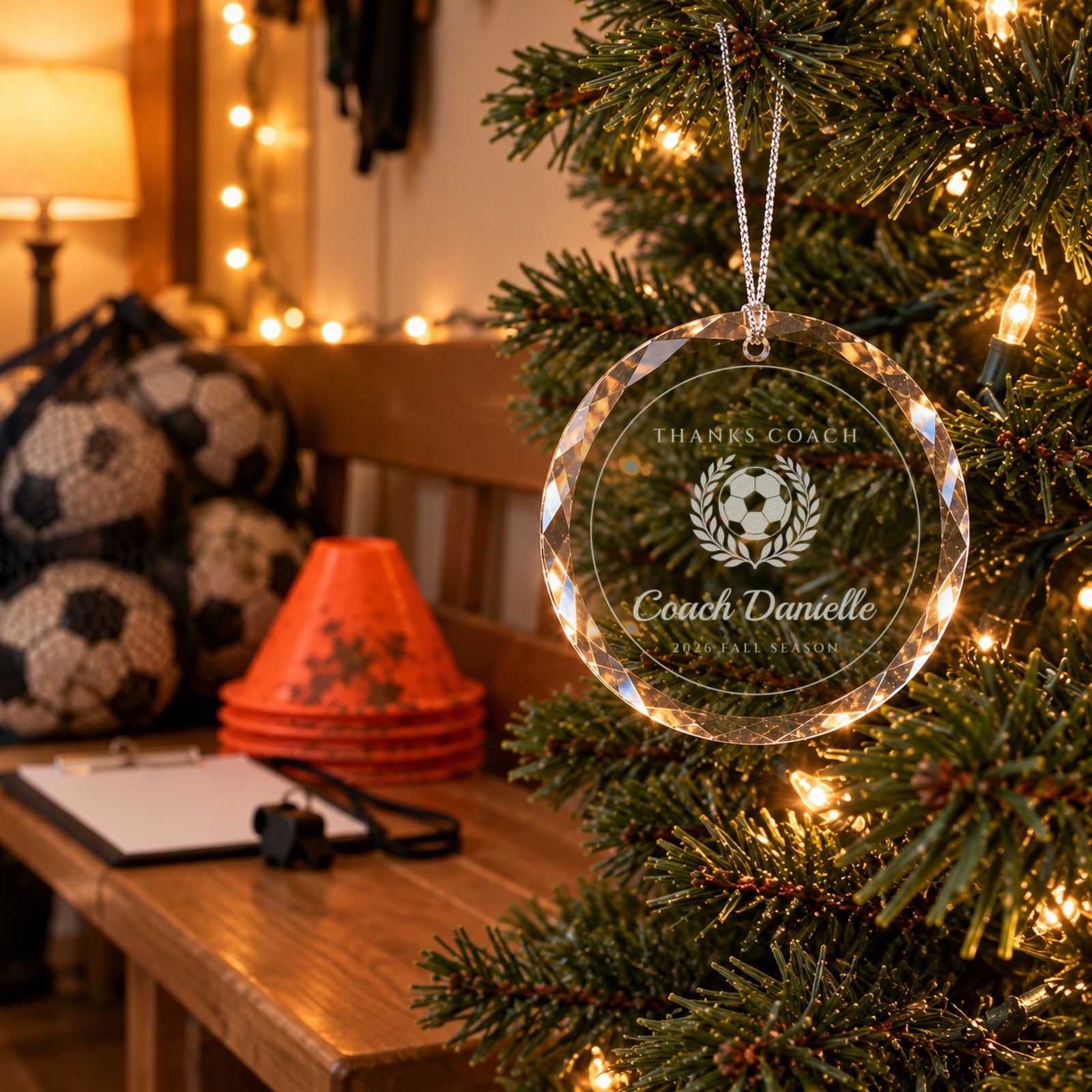 Soccer coach Christmas ornament engraved THANKS COACH, Coach Danielle, 2026 FALL SEASON on a tree beside a bag of balls, orange cones and a clipboard