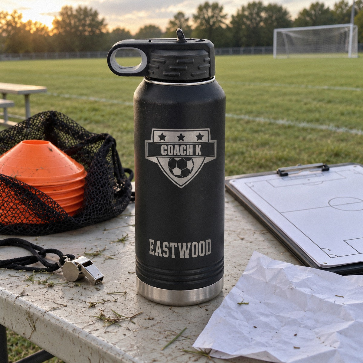 A soccer coach gift water bottle engraved COACH K with EASTWOOD near the bottom on a practice table beside cones, a whistle and a clipboard