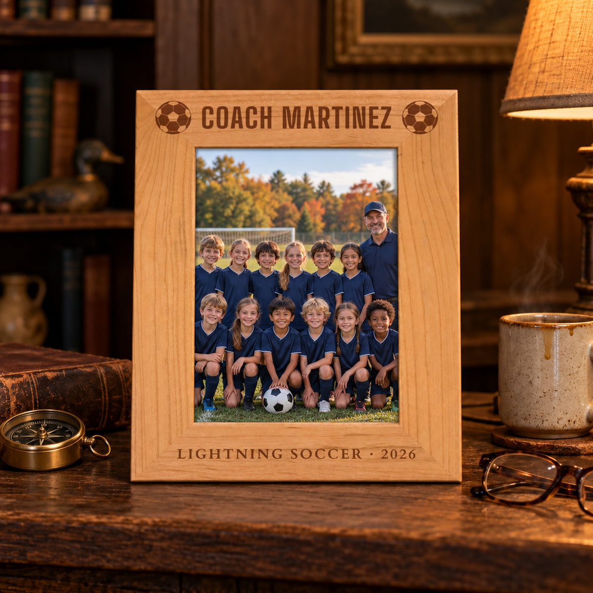 Engraved wood coach picture frame reading Coach Martinez with soccer balls and Lightning Soccer 2026, a youth soccer team photo on a desk by a lamp